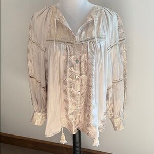 Embroidered Cream Peasant Blouse with Tassel Ties